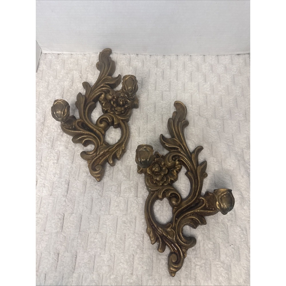 Vtg Homco Gold Tone Wall Sconce Candleholder Hollywood Regency Ornate Pair Rocco